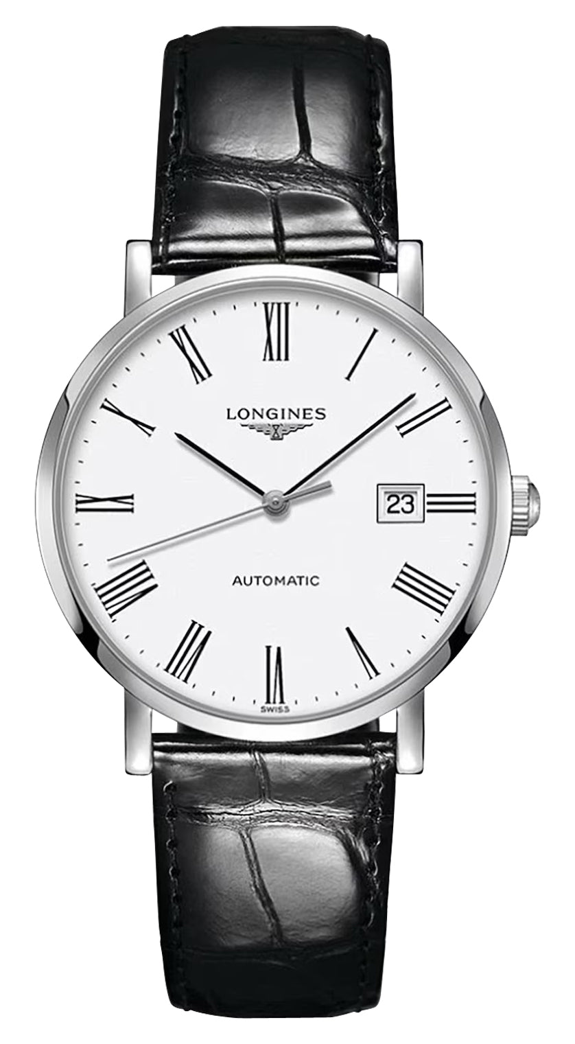 Longines Elegant Automatic Stainless Steel White Dial Black Leather Strap Date Mens Watch L4.910.4.11.2 - Watches & Beyond