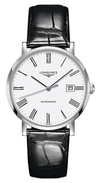 Longines Elegant Automatic Stainless Steel White Dial Black Leather Strap Date Mens Watch L4.910.4.11.2 - Watches & Beyond