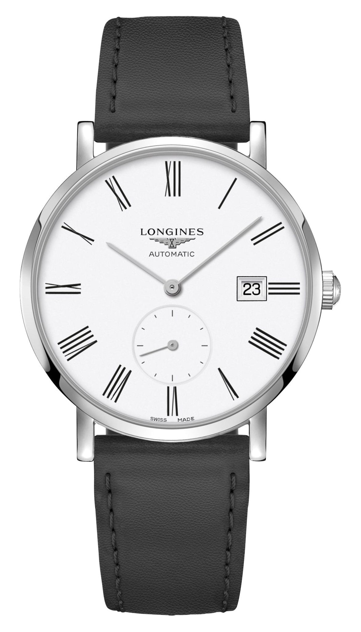 Longines Elegant Automatic Stainless Steel White Dial Black Leather Strap Date Unisex Watch L4.812.4.11.0 - WAB - Shipping Dept.