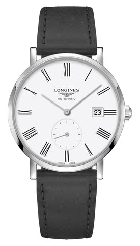 Longines Elegant Automatic Stainless Steel White Dial Black Leather Strap Date Unisex Watch L4.812.4.11.0 - WAB - Shipping Dept.