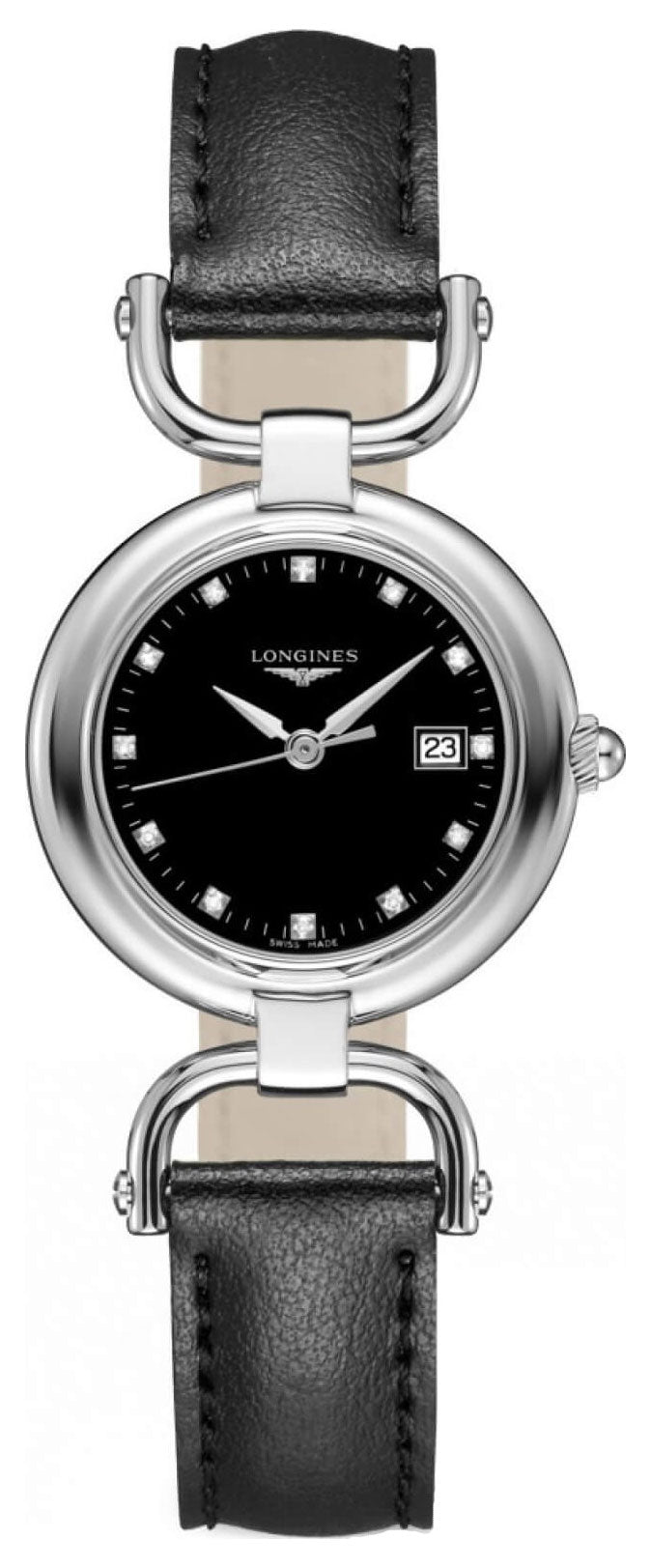 Longines Equestrian Stainless Steel Black Dial Black Leather Strap Diamonds Date Quartz Womens Watch L6.131.4.57.0 - WAB - Shipping Dept.