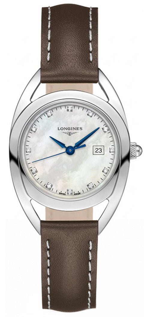 Longines Equestrian Stainless Steel Mother - Of - Pearl Dial Brown Leather Strap Diamonds Date Quartz Womens Watch L6.137.4.87.2 - WAB - Shipping Dept.