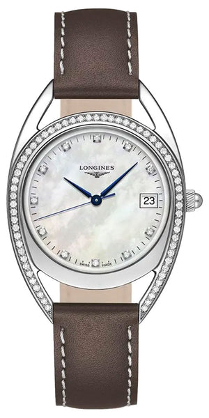 Longines Equestrian Stainless Steel Mother - Of - Pearl Dial Brown Leather Strap Diamonds Date Quartz Womens Watch L6.138.0.87.2 - Watches & Beyond