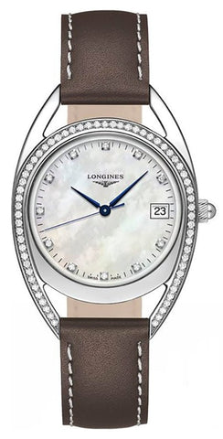 Longines Equestrian Stainless Steel Mother - Of - Pearl Dial Brown Leather Strap Diamonds Date Quartz Womens Watch L6.138.0.87.2 - Watches & Beyond