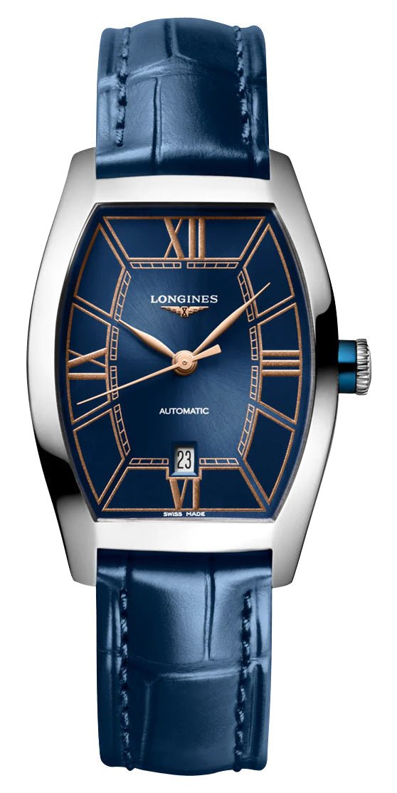 Longines Evidenza Automatic Stainless Steel Blue Dial Blue Leather Strap Date Womens Watch L2.142.4.96.2 - Watches & Beyond