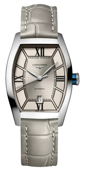 Longines Evidenza Automatic Stainless Steel Champagne Dial Gray Leather Strap Date Womens Watch L2.142.4.66.2 - Watches & Beyond