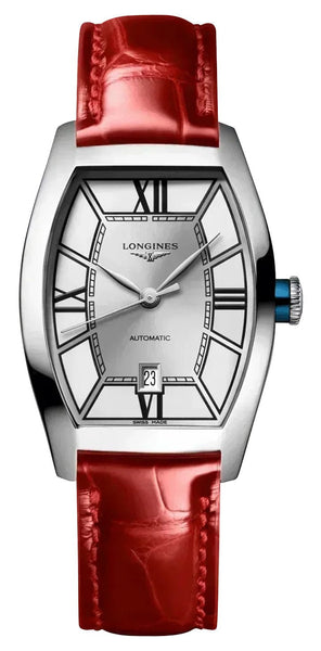 Longines Evidenza Automatic Stainless Steel Silver Dial Red Leather Strap Date Womens Watch L2.142.4.76.2 - Watches & Beyond