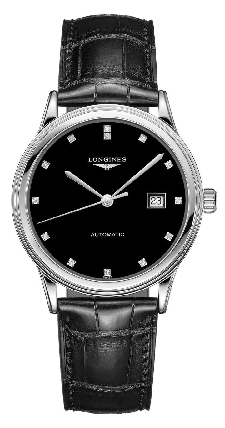 Longines Flagship Automatic Stainless Steel Black Dial Black Leather Strap Diamonds Date Mens Watch L4.984.4.57.2 - WAB - Shipping Dept.