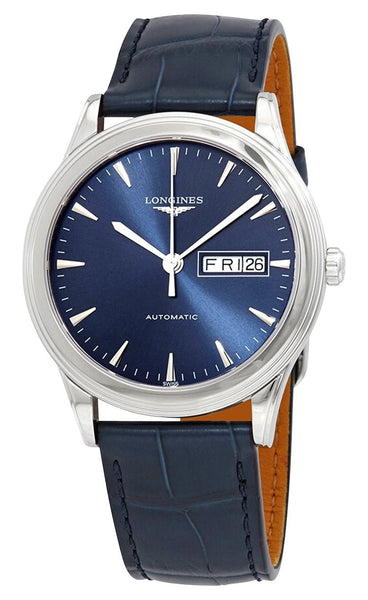 Longines Flagship Automatic Stainless Steel Blue Dial Blue Leather Strap Day/Date Mens Watch L4.899.4.92.2 - WAB - Shipping Dept.