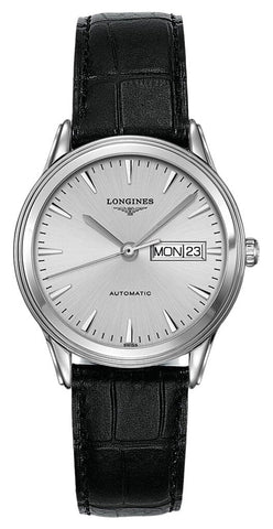 Longines Flagship Automatic Stainless Steel Silver Dial Black Leather Strap Day/Date Mens Watch L4.899.4.72.2 - WAB - Shipping Dept.