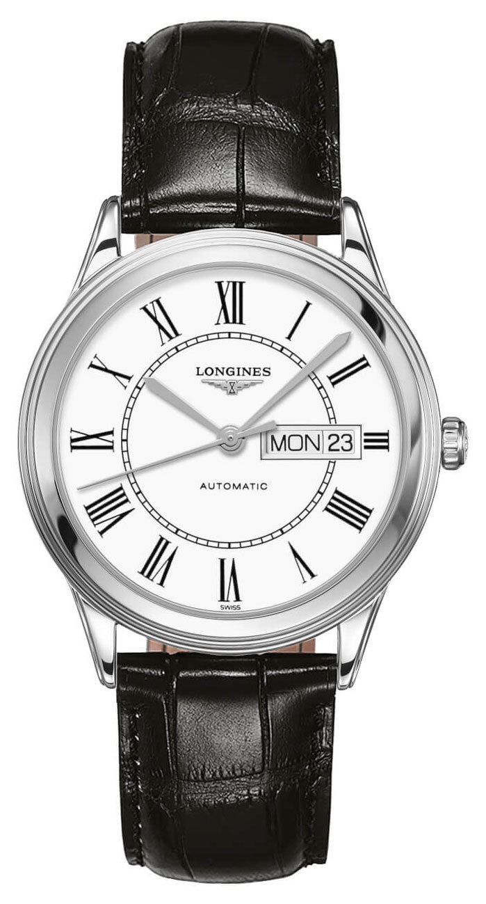 Longines Flagship Automatic Stainless Steel White Dial Black Leather Strap Day/Date Mens Watch L4.899.4.21.2 - WAB - Shipping Dept.