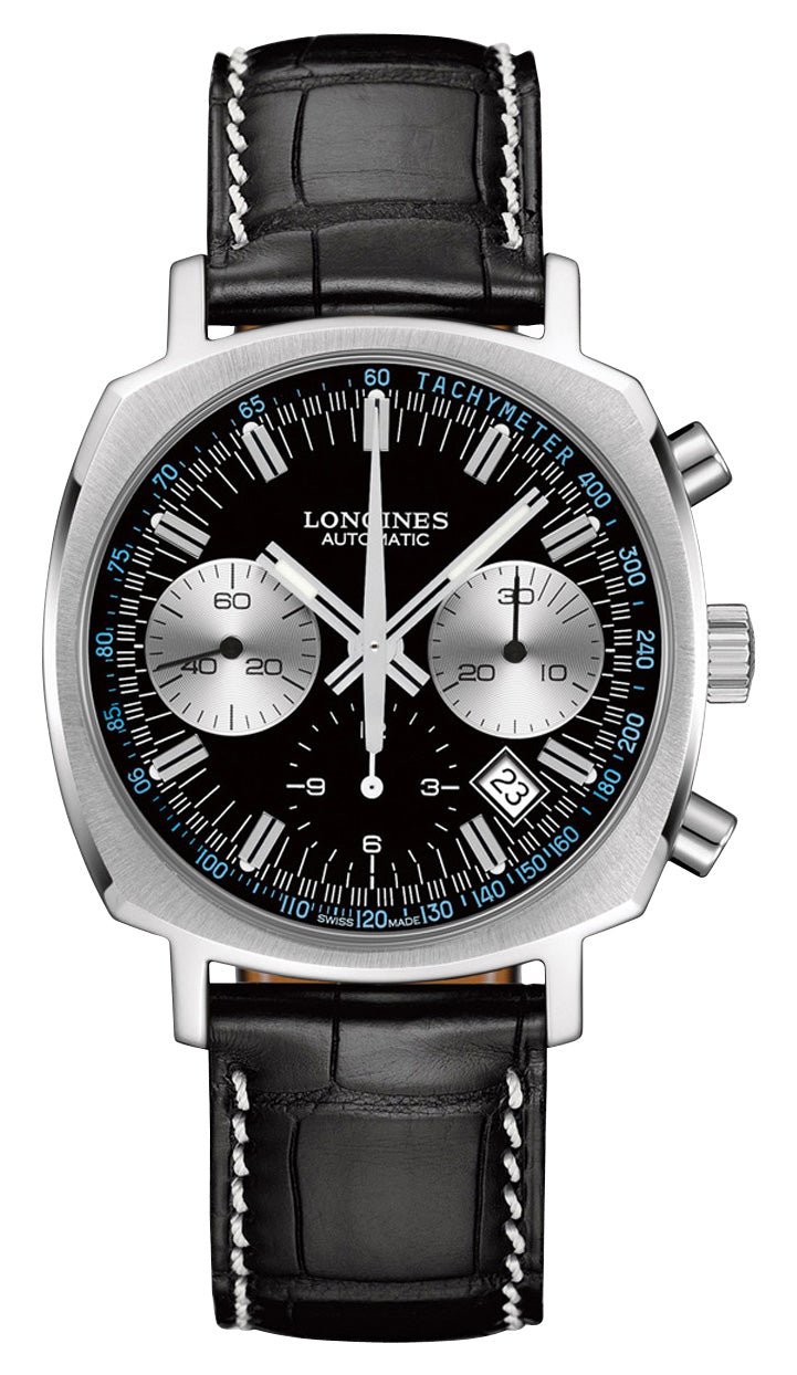 Longines Heritage 1973 Automatic Chronograph Stainless Steel Black Dial Black Leather Strap Date Mens Watch L2.791.4.52.0 - Watches & Beyond