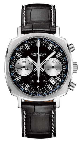 Longines Heritage 1973 Automatic Chronograph Stainless Steel Black Dial Black Leather Strap Date Mens Watch L2.791.4.52.0 - Watches & Beyond