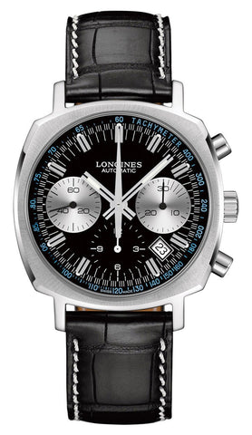Longines Heritage 1973 Automatic Chronograph Stainless Steel Black Dial Black Leather Strap Date Mens Watch L2.791.4.52.0 - Watches & Beyond