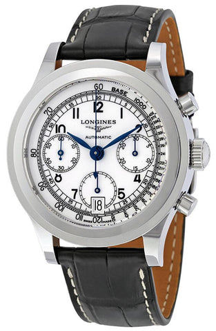 Longines Heritage Automatic Chronograph Stainless Steel Black Leather Strap White Dial Date Mens Watch L2.768.4.13.2 - WAB - Shipping Dept.