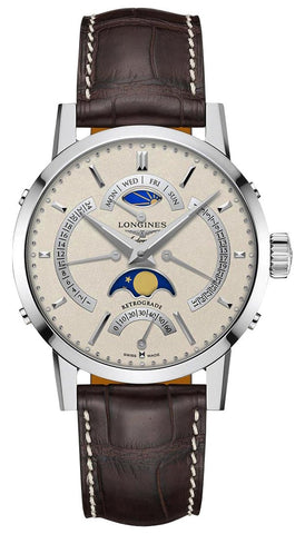 Longines Heritage Classic 1832 Automatic Stainless Steel Beige Dial Brown Leather Strap Retrograde Day/Date GMT Moonphase Mens Watch L4.828.4.92.2 - Watches & Beyond