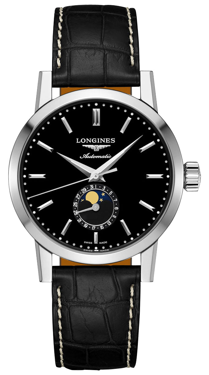 Longines Heritage Classic 1832 Automatic Stainless Steel Black Dial Black Leather Strap Date Moonphase Mens Watch L4.826.4.52.0 - Watches & Beyond