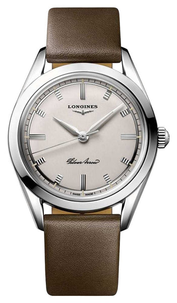 Longines Heritage Classic Silver Arrow Automatic Silver Dial Brown Leather Strap Mens Watch L2.834.4.72.2 - WAB - Shipping Dept.