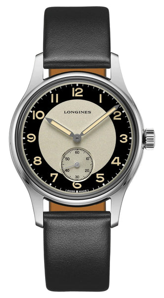 Longines Heritage Classic Tuxedo Automatic Black & Silver Dial Black Leather Strap Mens Watch L2.330.4.93.0 - Watches & Beyond