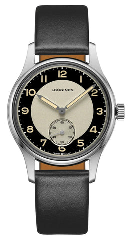 Longines Heritage Classic Tuxedo Automatic Black & Silver Dial Black Leather Strap Mens Watch L2.330.4.93.0 - Watches & Beyond