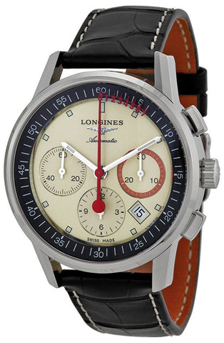Longines Heritage Column Wheel Chronograph Record Automatic Beige Dial Black Leather Men's Watch L4.754.4.72.4 - WAB - Shipping Dept.