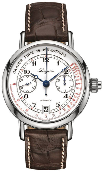 Longines Heritage Column Wheel Pulsometer Chronograph Automatic White Dial Brown Leather Strap Date Mens Watch L2.801.4.23.2 - WAB - Shipping Dept.