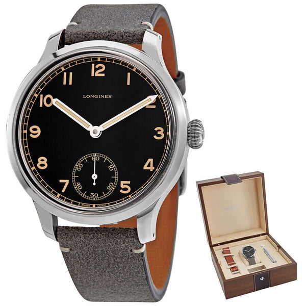 Longines Heritage Military 1938 Limited Edition Mechanical Hand - Wind Stainless Steel Black Dial Gray/Brown Interchangeable Leather Strap Mens Watch L2.826.4.53.2 - WAB - Shipping Dept.