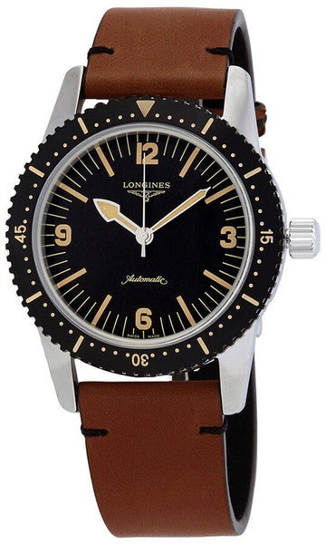 Longines Heritage Skin Diver Automatic Stainless Steel Black Dial Brown Leather Strap Mens Watch L2.822.4.56.2 - WAB - Shipping Dept.