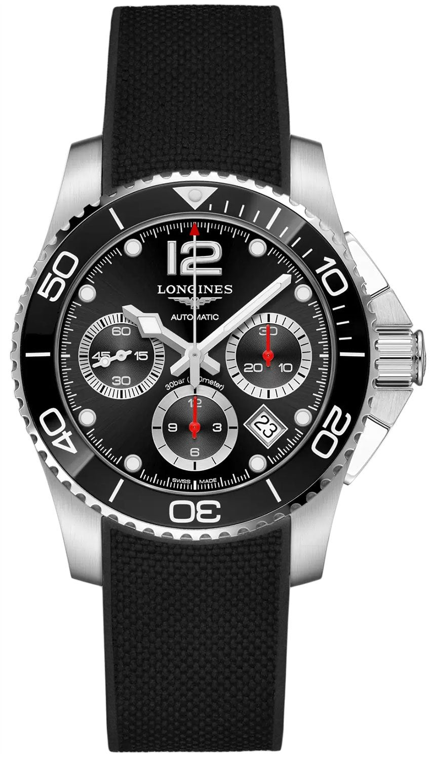 Longines HydroConquest Automatic Chronograph Stainless Steel Black Rubber Strap Black Dial Date Divers Mens Watch L3.783.4.56.9 - WAB - Shipping Dept.