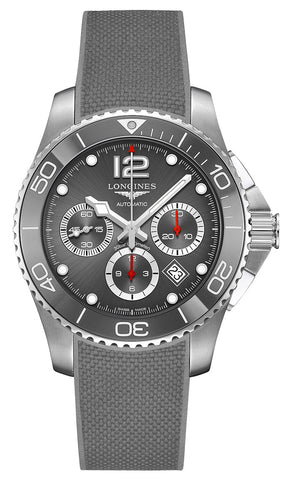 Longines HydroConquest Automatic Chronograph Stainless Steel Gray Dial Gray Rubber Strap Date Divers Mens Watch L3.883.4.76.9 - Watches & Beyond