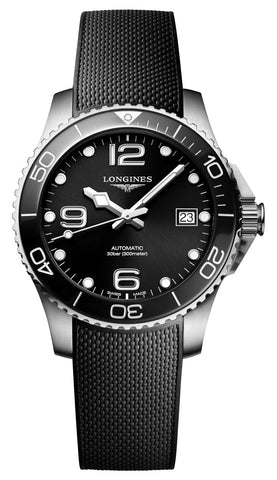 Longines HydroConquest Automatic Stainless Steel Black Dial Black Rubber Strap Date Divers Mens Watch L3.780.4.56.9 - Watches & Beyond