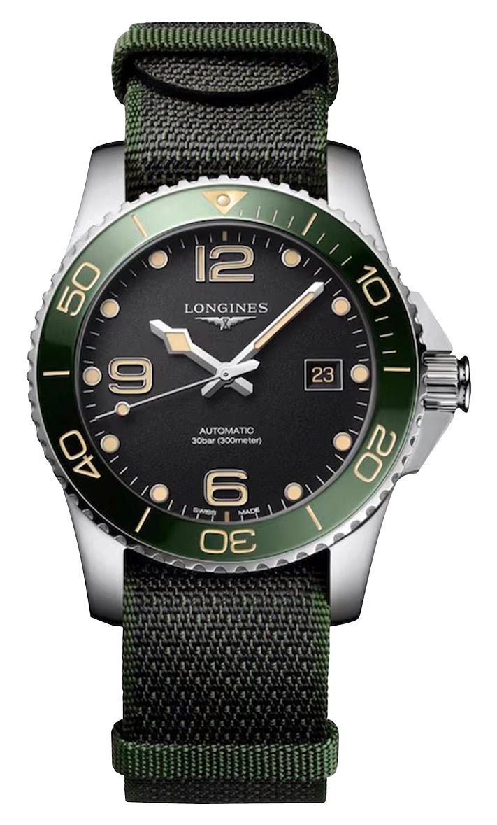 Longines HydroConquest Automatic Stainless Steel Black Dial Green NATO Nylon Strap Date Divers Mens Watch L3.781.4.05.2 - Watches & Beyond