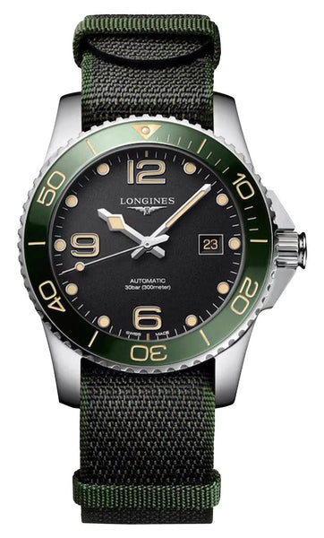 Longines HydroConquest Automatic Stainless Steel Black Dial Green NATO Nylon Strap Date Divers Mens Watch L3.781.4.05.2 - Watches & Beyond
