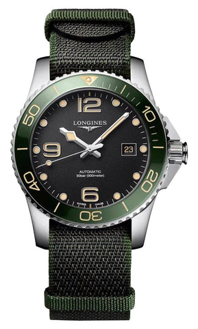 Longines HydroConquest Automatic Stainless Steel Black Dial Green NATO Nylon Strap Date Divers Mens Watch L3.781.4.05.2 - Watches & Beyond