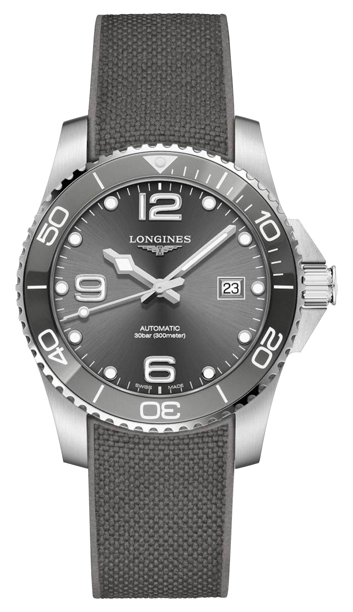 Longines HydroConquest Automatic Stainless Steel Gray Dial Gray Rubber Strap Date Divers Mens Watch L3.781.4.76.9 - Watches & Beyond