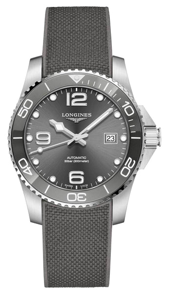 Longines HydroConquest Automatic Stainless Steel Gray Dial Gray Rubber Strap Date Divers Mens Watch L3.781.4.76.9 - Watches & Beyond