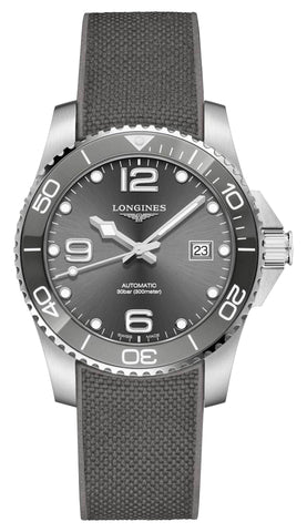 Longines HydroConquest Automatic Stainless Steel Gray Dial Gray Rubber Strap Date Divers Mens Watch L3.781.4.76.9 - Watches & Beyond