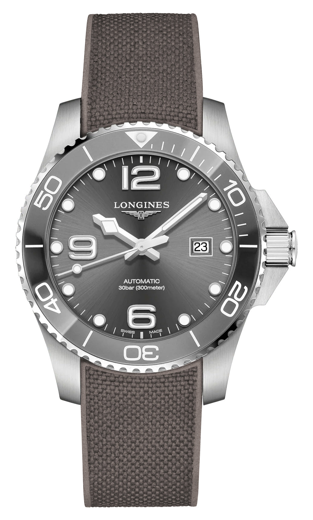 Longines HydroConquest Automatic Stainless Steel Gray Dial Gray Rubber Strap Date Divers Mens Watch L3.782.4.76.9 - Watches & Beyond
