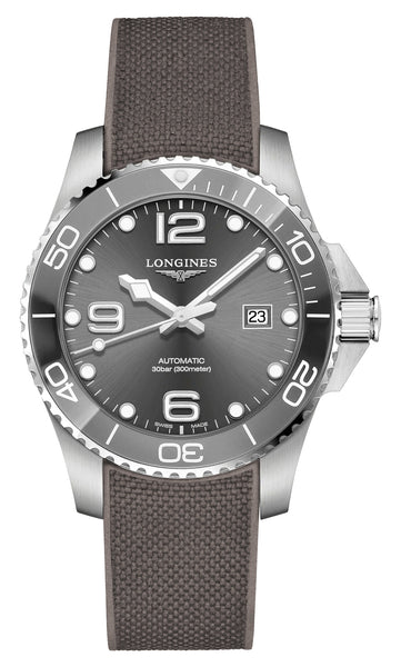 Longines HydroConquest Automatic Stainless Steel Gray Dial Gray Rubber Strap Date Divers Mens Watch L3.782.4.76.9 - Watches & Beyond
