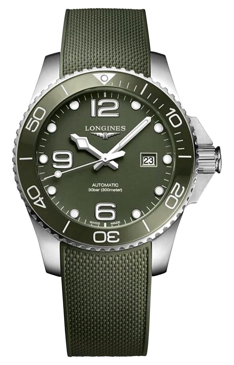 Longines HydroConquest Automatic Stainless Steel Green Dial Green Rubber Strap Date Divers Mens Watch L3.782.4.06.9 - Watches & Beyond