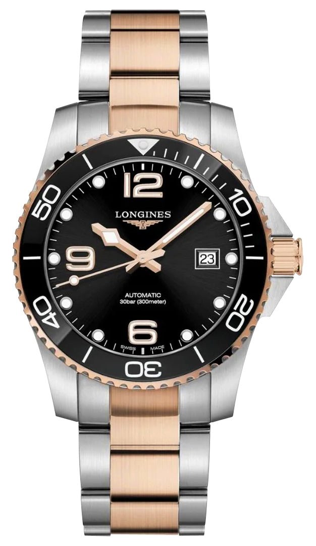 Longines HydroConquest Automatic Stainless Steel & Rose Gold PVD Black Dial Date Divers Mens Watch L3.781.3.58.7 - Watches & Beyond