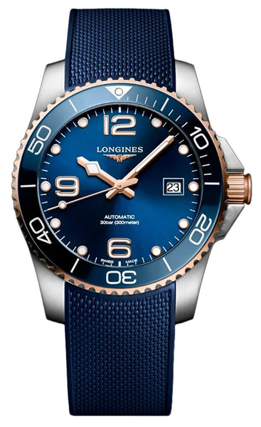 Longines HydroConquest Automatic Stainless Steel & Rose Gold PVD Blue Dial Blue Rubber Strap Date Divers Mens Watch L3.781.3.98.9 - Watches & Beyond