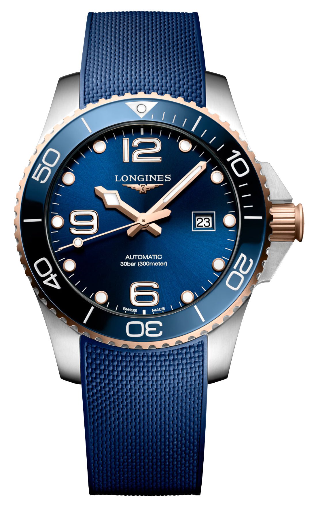 Longines HydroConquest Automatic Stainless Steel & Rose Gold PVD Blue Dial Blue Rubber Strap Date Divers Mens Watch L3.782.3.98.9 - Watches & Beyond