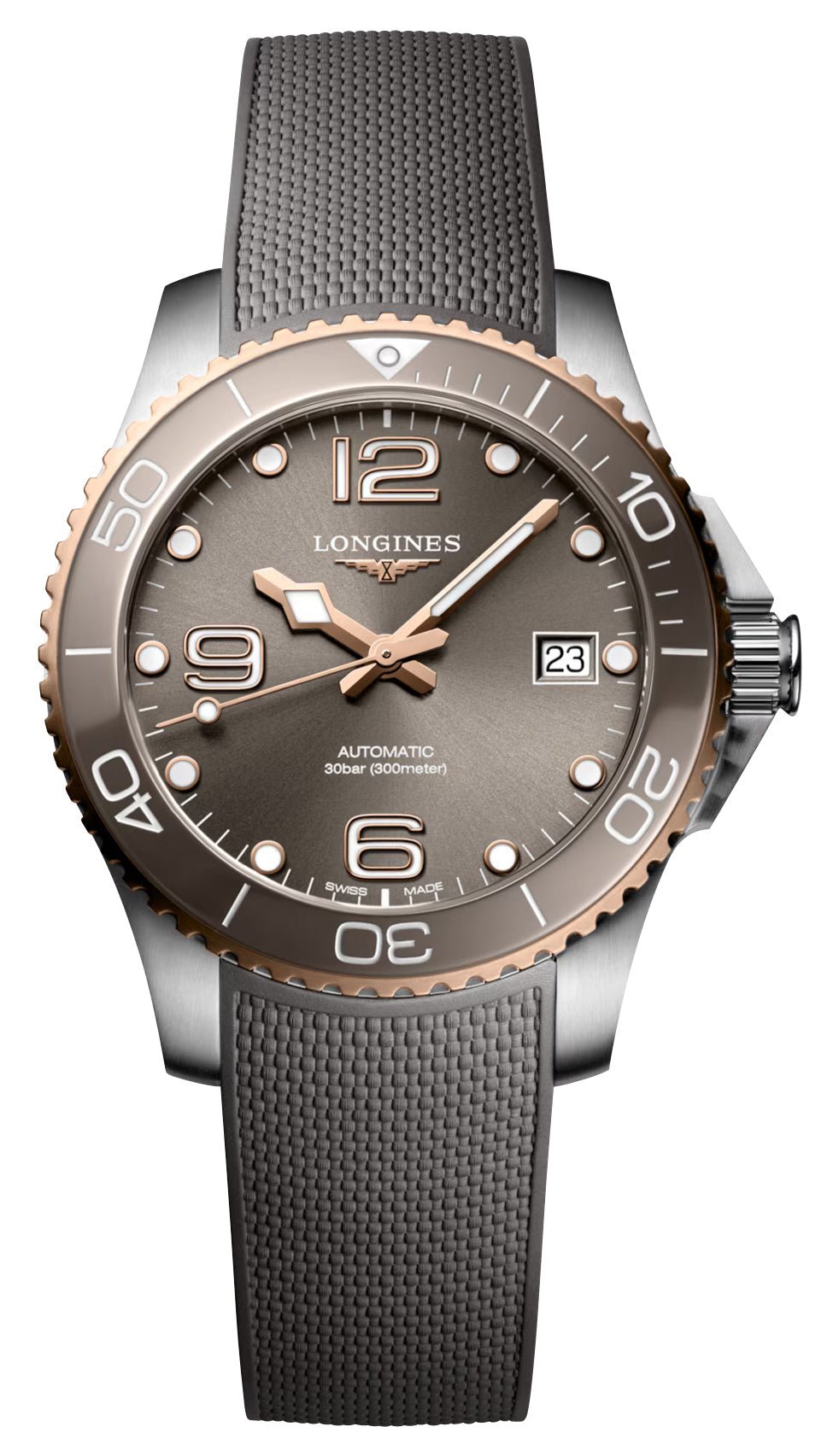 Longines HydroConquest Automatic Stainless Steel & Rose Gold PVD Gray Dial Gray Rubber Strap Date Divers Mens Watch L3.780.3.78.9 - Watches & Beyond