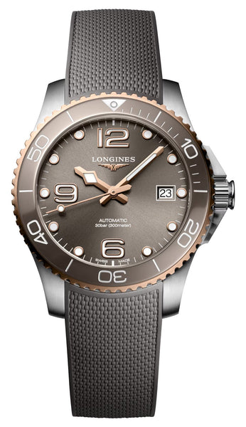 Longines HydroConquest Automatic Stainless Steel & Rose Gold PVD Gray Dial Gray Rubber Strap Date Divers Mens Watch L3.780.3.78.9 - Watches & Beyond