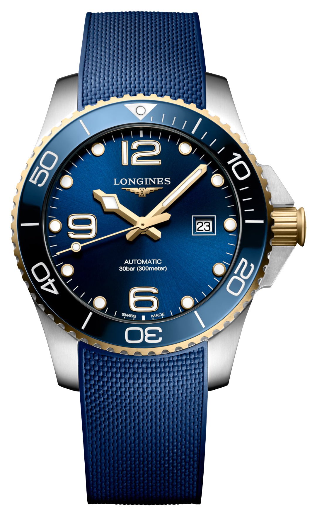 Longines HydroConquest Automatic Stainless Steel & Yellow Gold PVD Blue Dial Blue Rubber Strap Date Divers Mens Watch L3.782.3.96.9 - Watches & Beyond