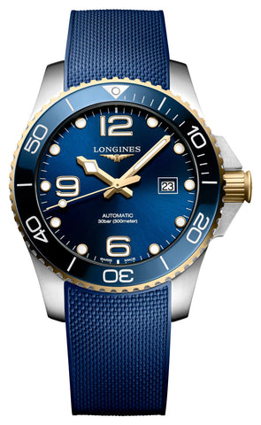 Longines HydroConquest Automatic Stainless Steel & Yellow Gold PVD Blue Dial Blue Rubber Strap Date Divers Mens Watch L3.782.3.96.9 - Watches & Beyond