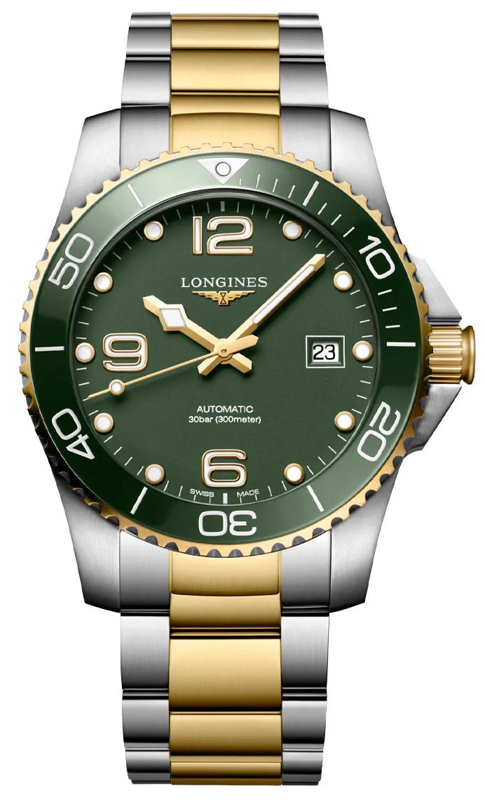 Longines HydroConquest Automatic Stainless Steel & Yellow Gold PVD Green Dial Date Divers Mens Watch L3.781.3.06.7 - Watches & Beyond