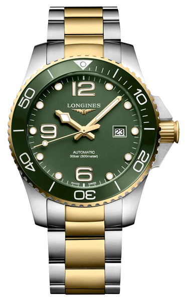 Longines HydroConquest Automatic Stainless Steel & Yellow Gold PVD Green Dial Date Divers Mens Watch L3.782.3.06.7 - Watches & Beyond