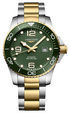 Longines HydroConquest Automatic Stainless Steel & Yellow Gold PVD Green Dial Date Divers Mens Watch L3.782.3.06.7 - Watches & Beyond